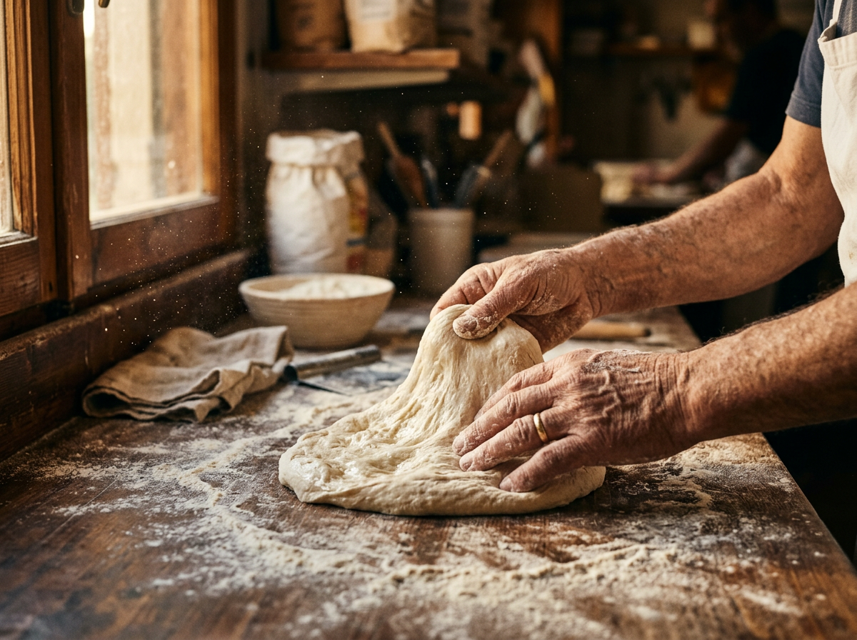 Hands gently stretching fresh pizza dough on a flour-dusted wooden counter