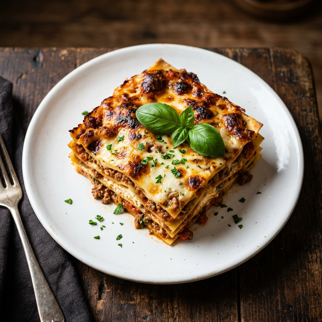 Layered lasagna with ricotta, meat sauce and bubbling mozzarella