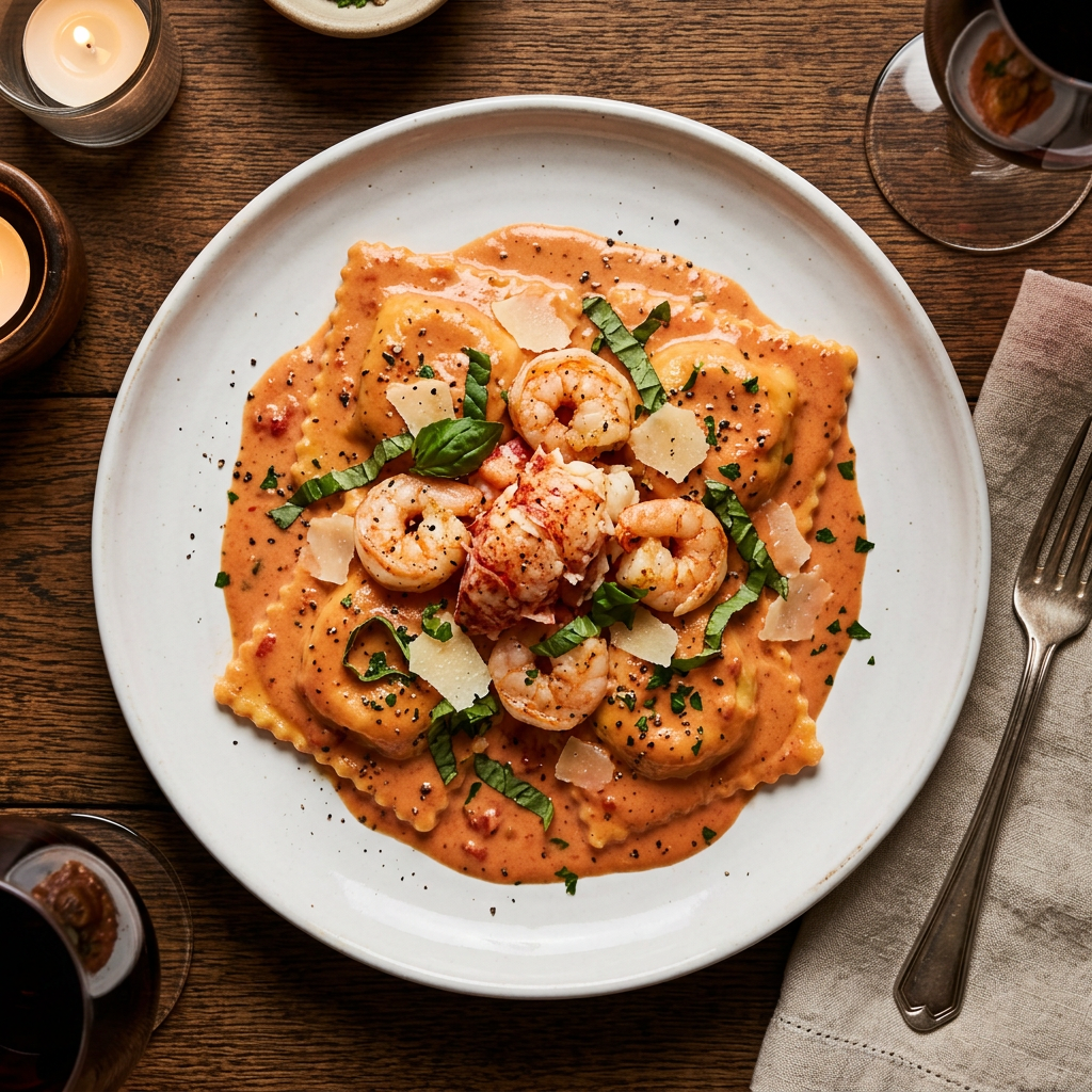 Lobster ravioli in pink vodka cream with jumbo shrimp and fresh basil