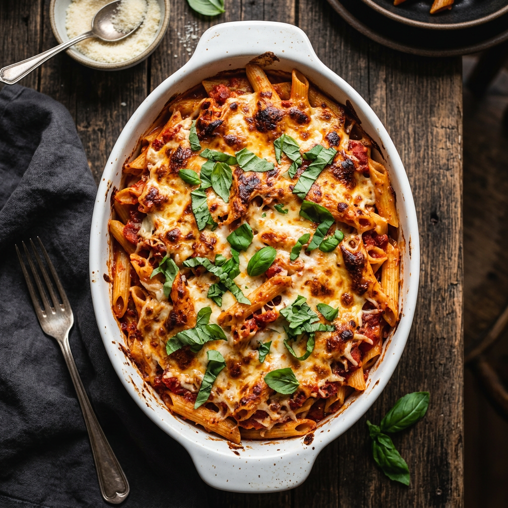 Spicy baked ziti with penne, tomato pepper sauce, mozzarella and provolone