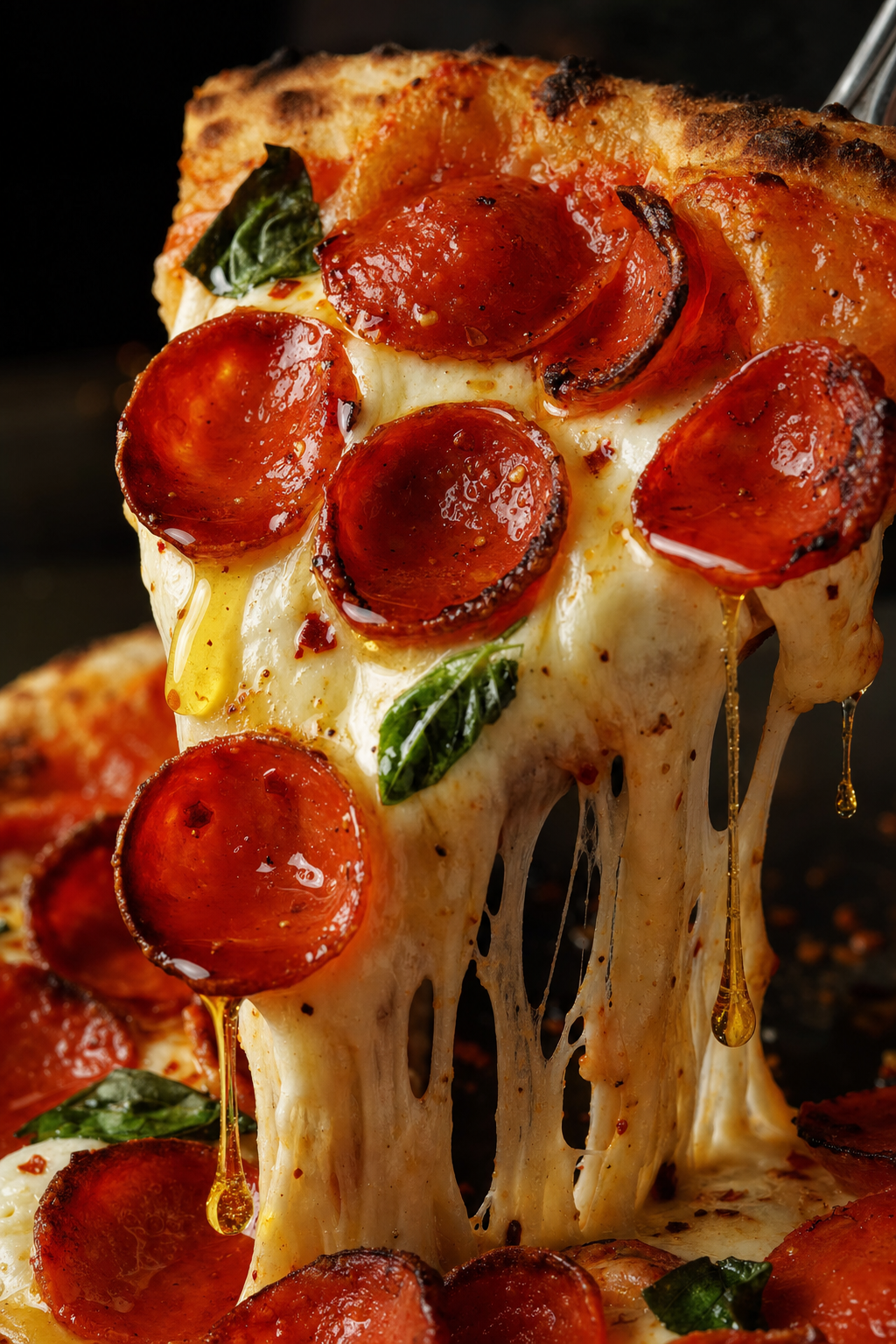 Hot honey pepperoni pizza slice with cup-and-char pepperoni and dripping honey