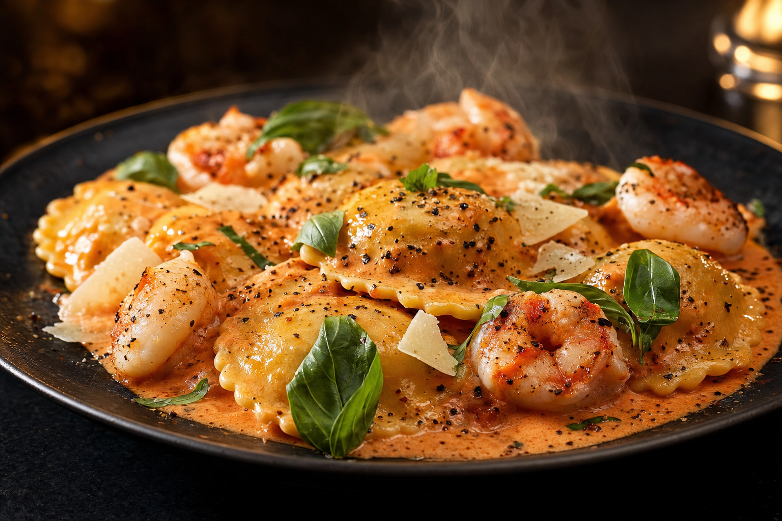 Lobster ravioli in pink vodka cream sauce with jumbo shrimp and fresh basil