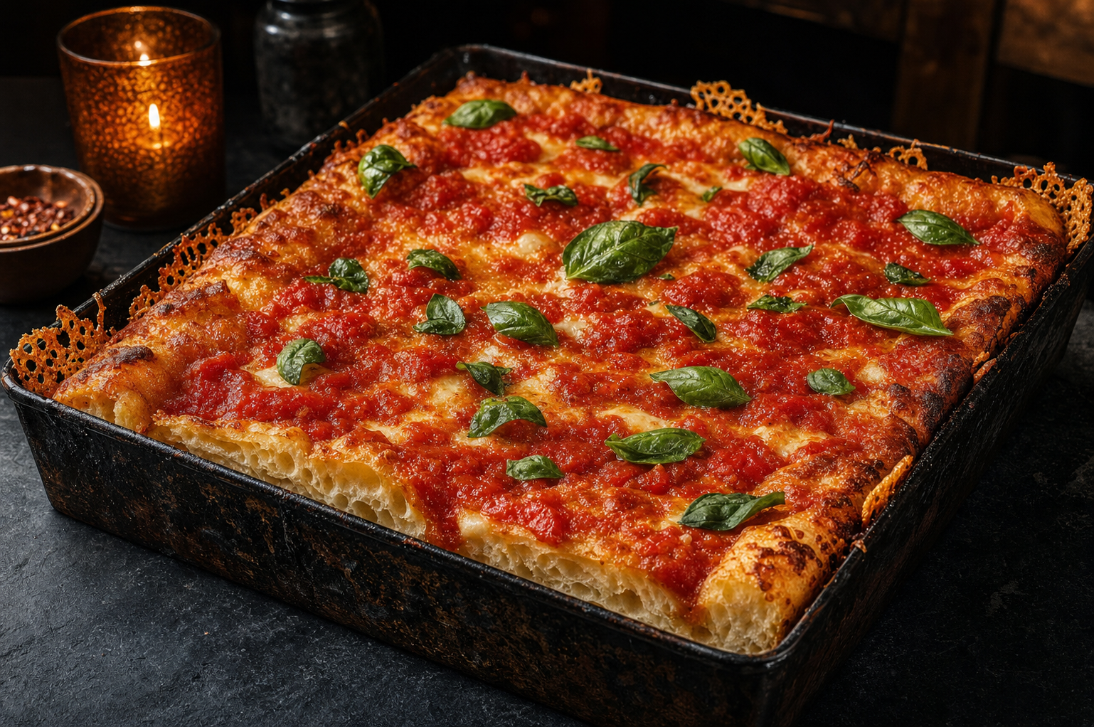 Sicilian square deep dish pizza with thick airy crust and crispy lacy cheese edges