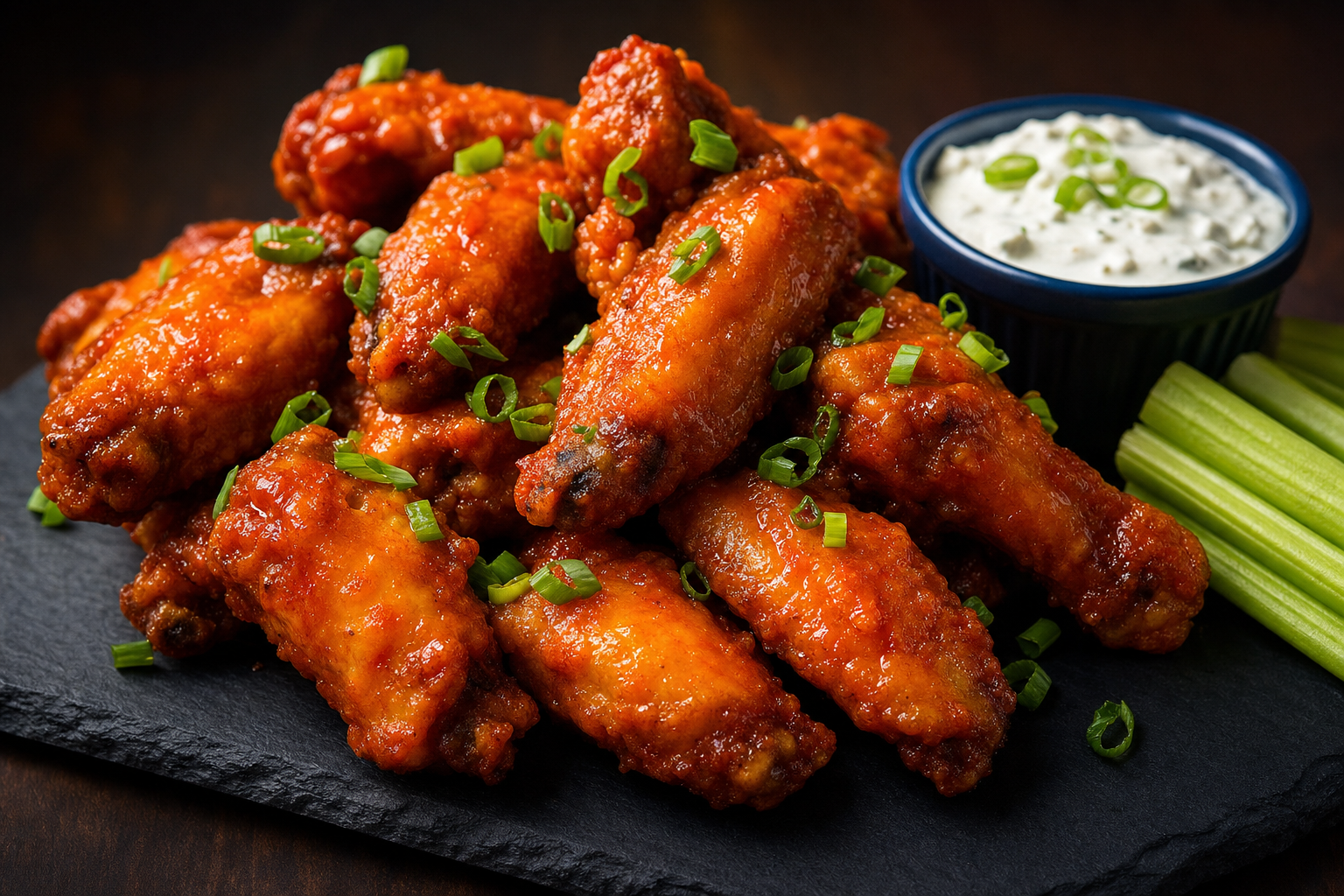 Crispy buffalo chicken wings piled on slate with celery and blue cheese dip