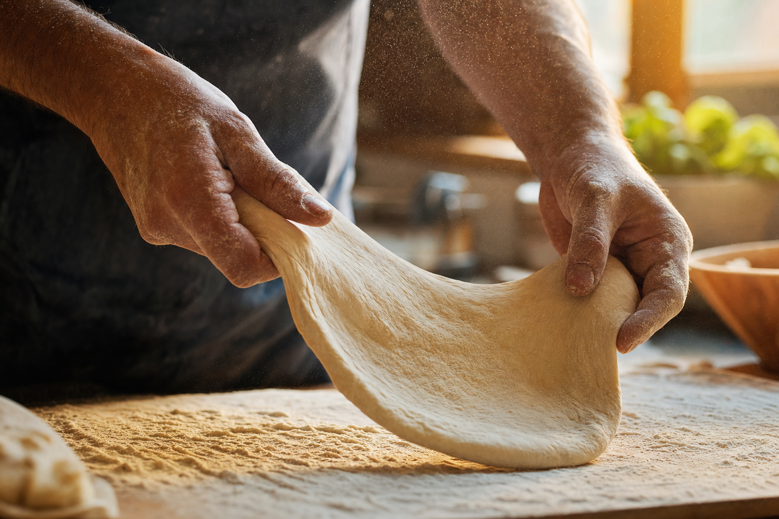 Hands stretching fresh pizza dough on a flour-dusted wooden surface in warm window light